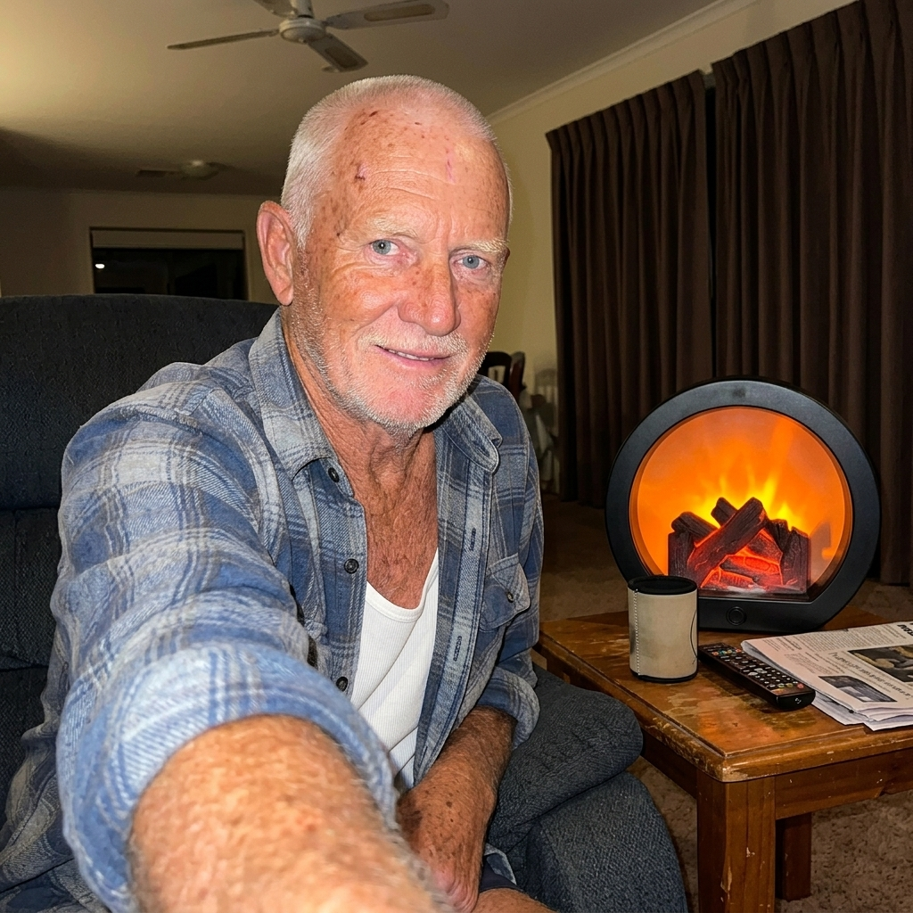 Customer in his recliner next to the glowing fireplace lantern