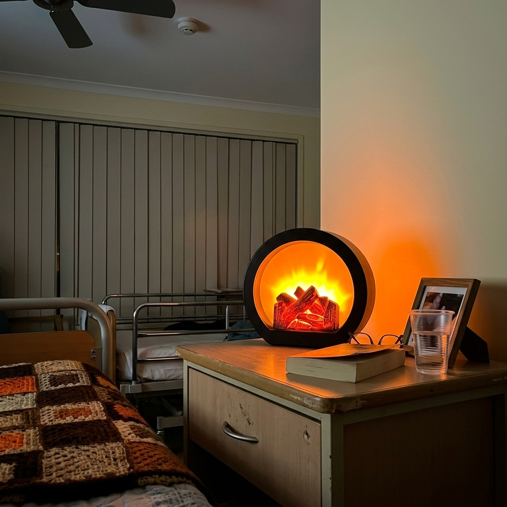Fireplace lantern glowing on a bedside cabinet in an aged care room