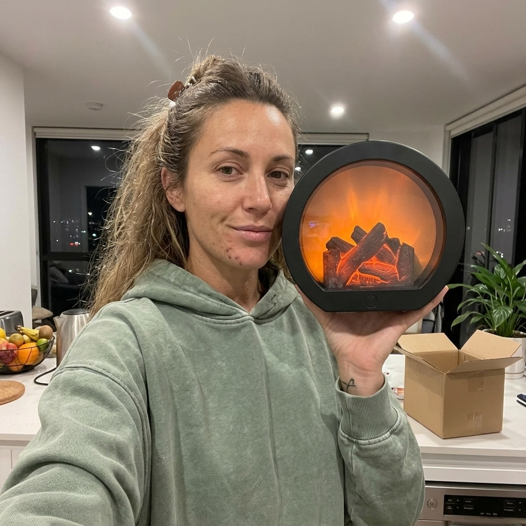 Customer selfie holding the glowing fireplace lantern in her apartment
