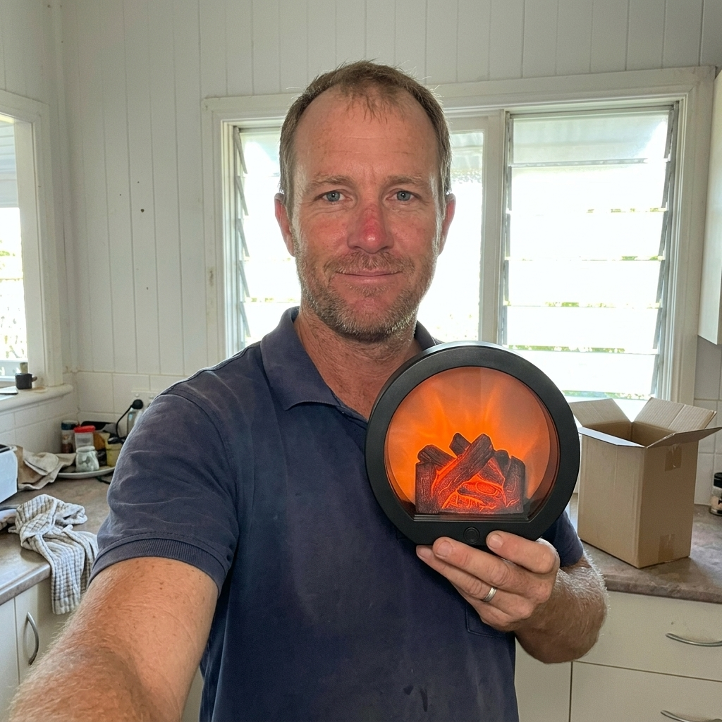 Customer holding the fireplace lantern in a Queenslander kitchen