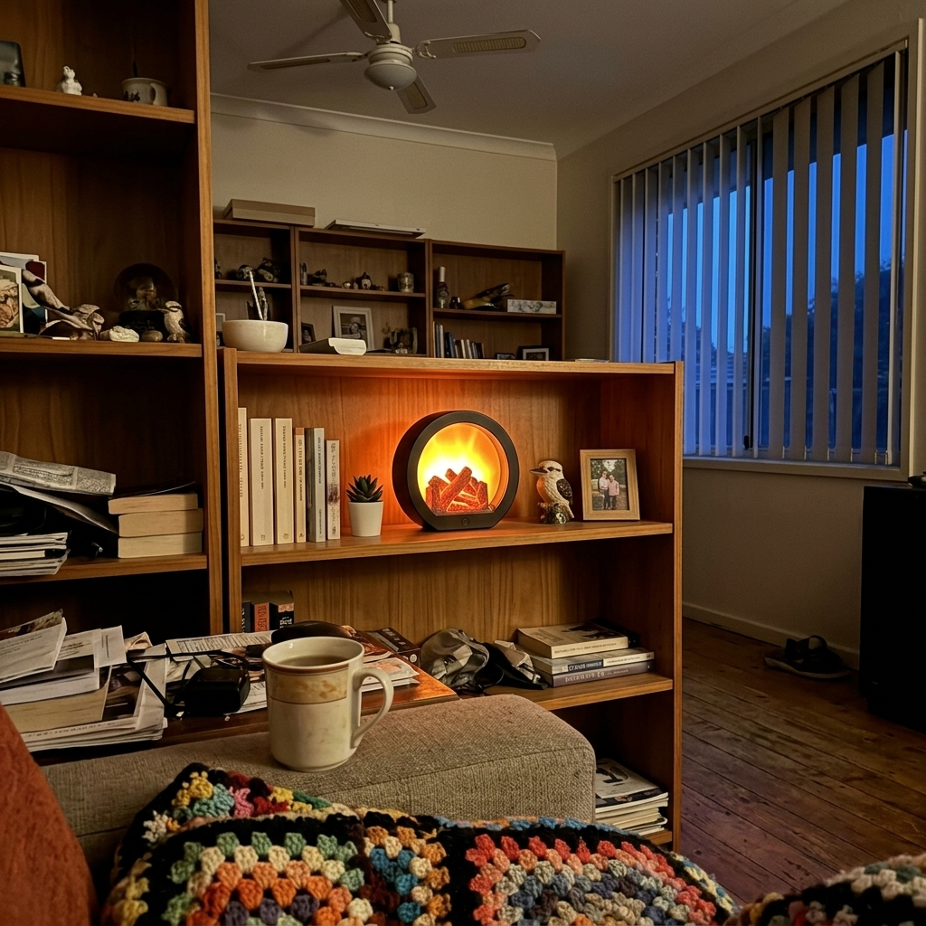 Fireplace lantern glowing on a bookshelf in a lounge room