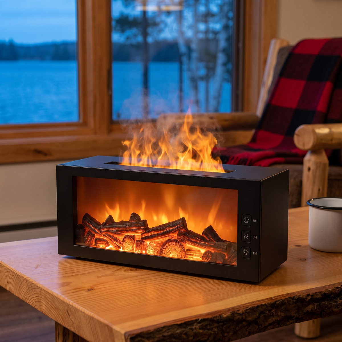 Lyall's Fireplace Diffuser – front close-up, switched on, mist flame rising