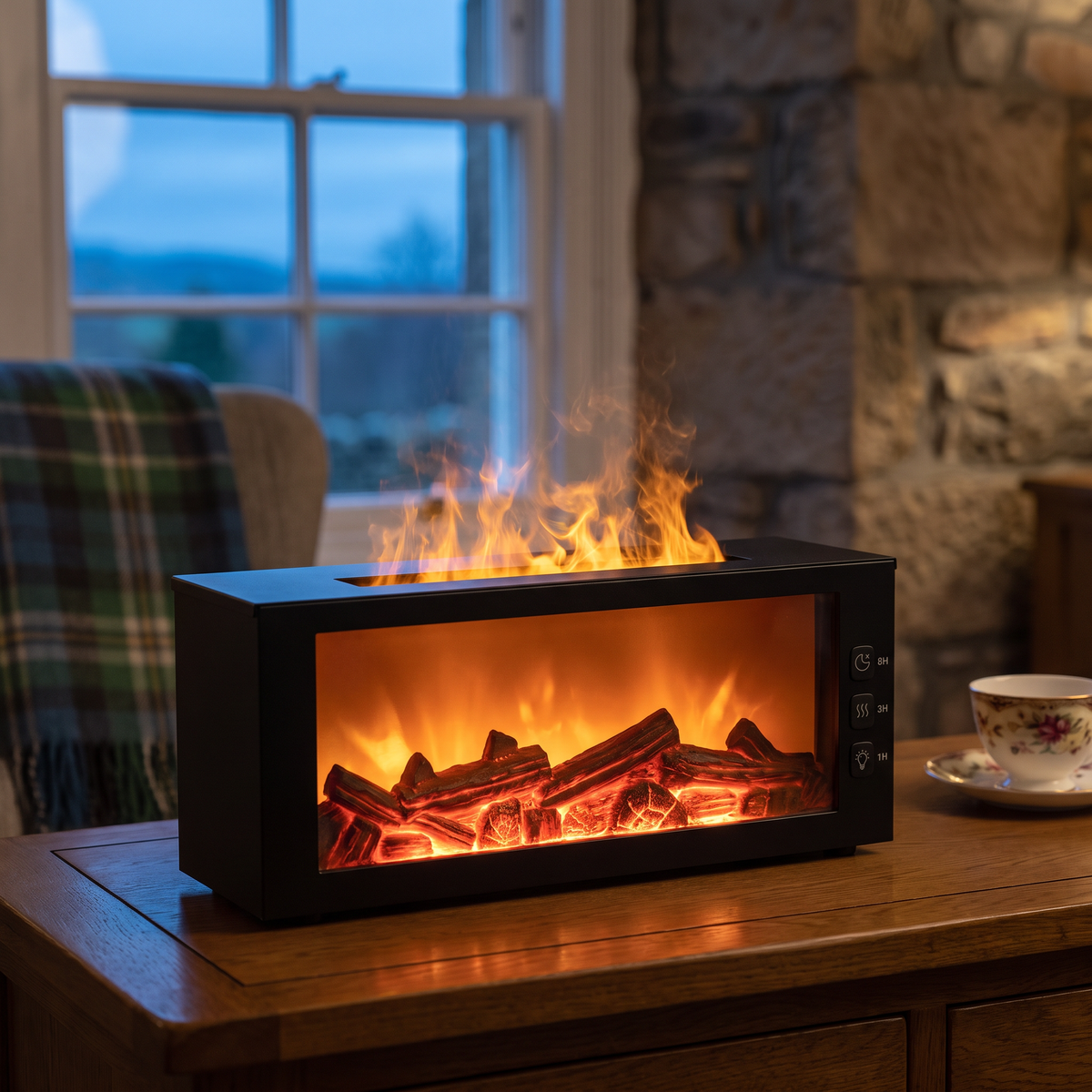 Murdo's Fireplace Diffuser – front close-up, switched on, mist flame rising