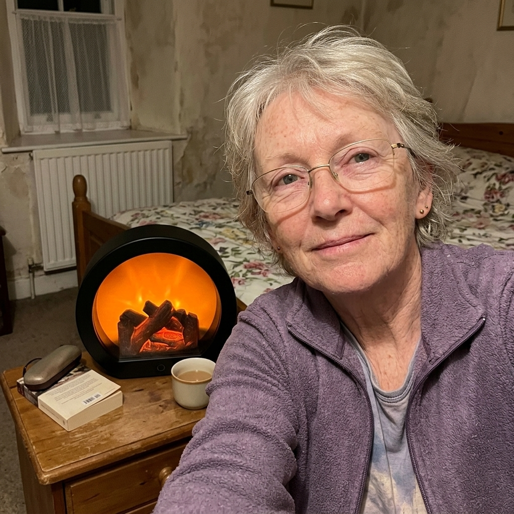 Customer selfie with the glowing fireplace lantern on her bedside table