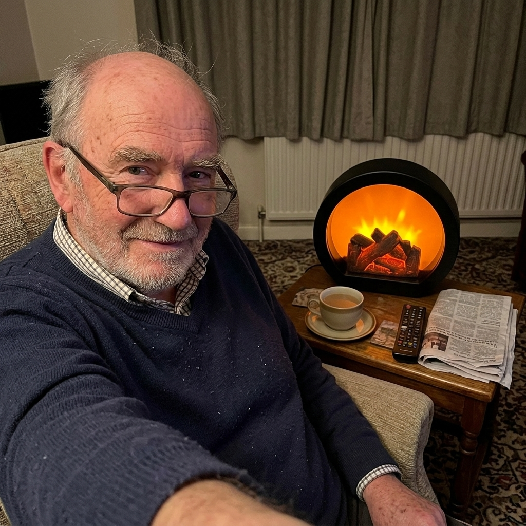 Customer in his armchair next to the glowing fireplace lantern