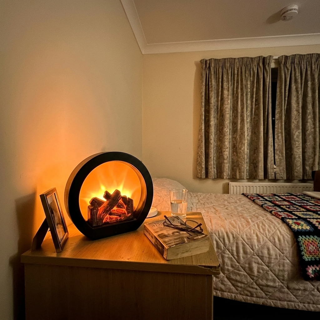 Fireplace lantern glowing on a bedside table in a care home room