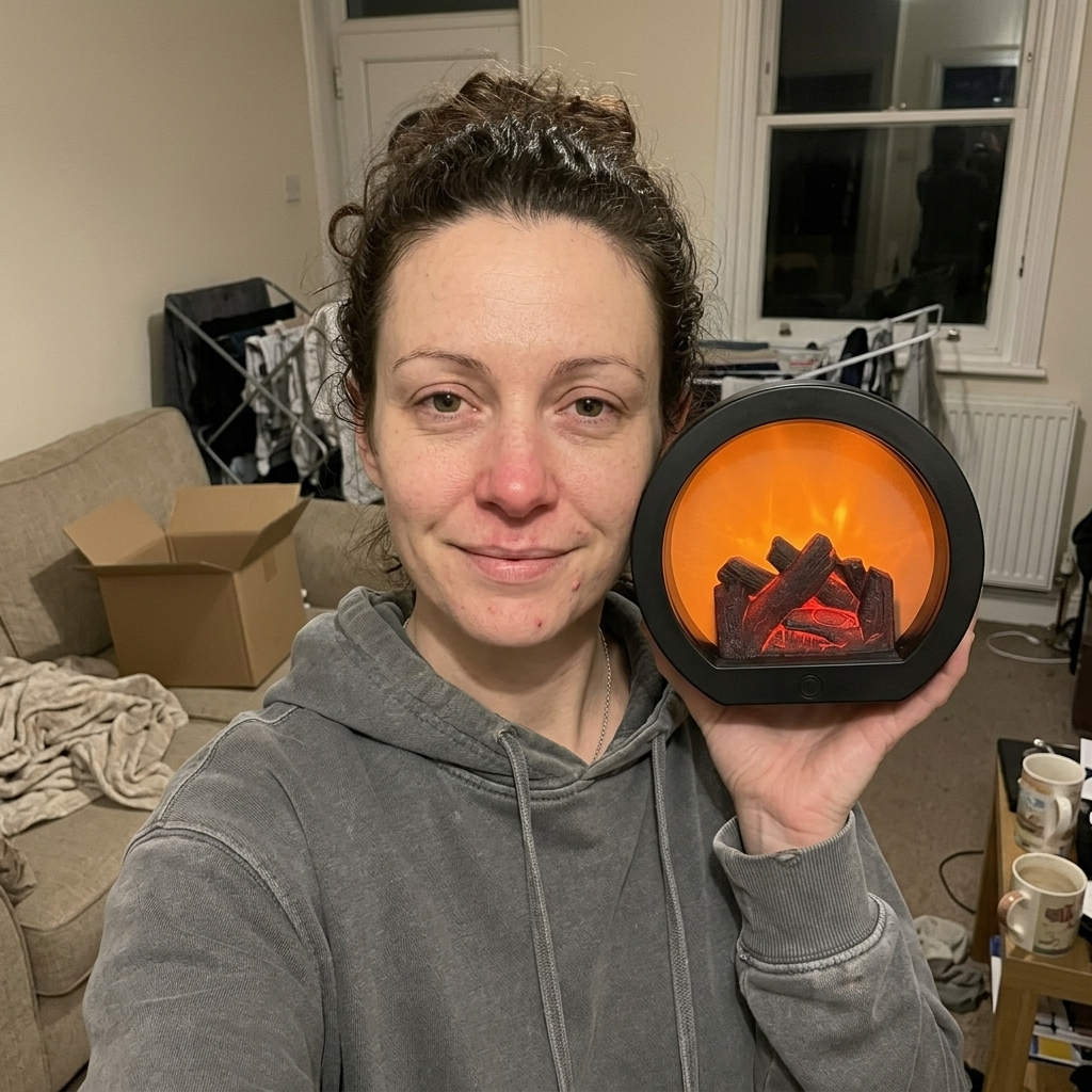 Customer selfie holding the glowing fireplace lantern