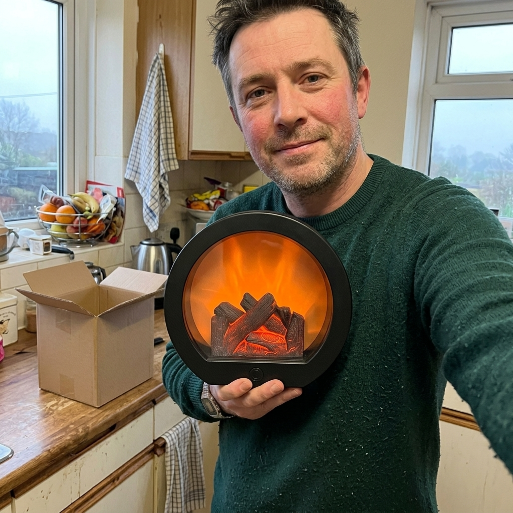 Customer holding the fireplace lantern in a kitchen