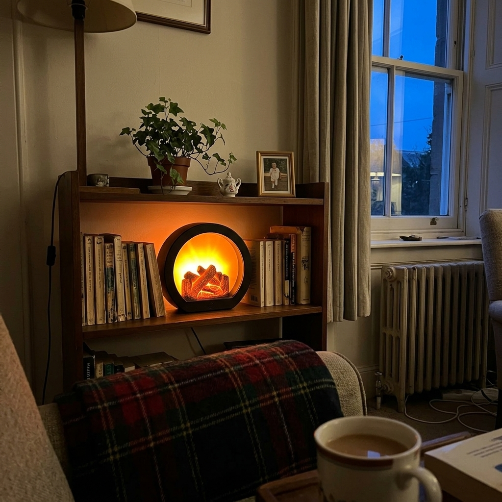 Fireplace lantern glowing on a bookshelf in the evening
