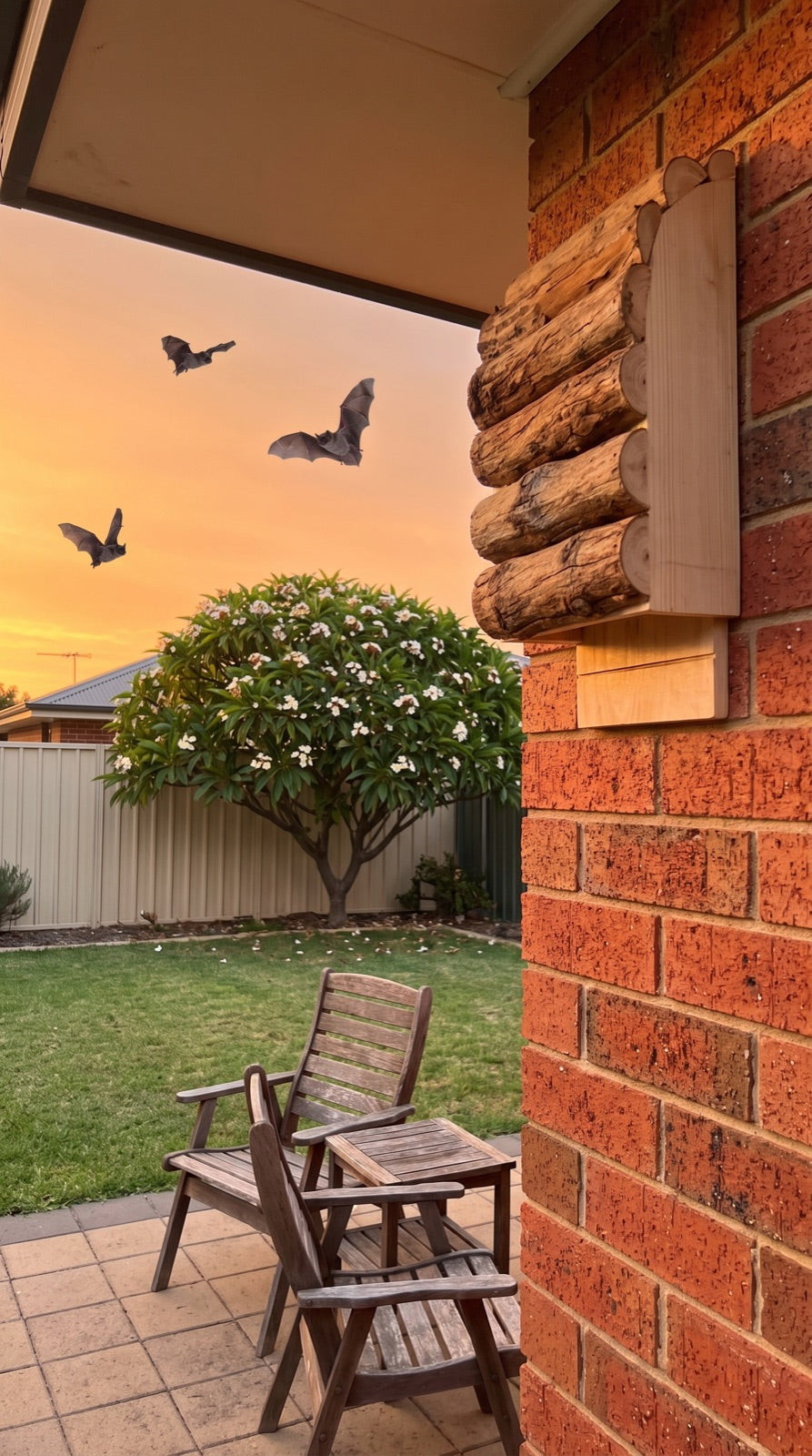 Bat box above a back patio at dusk with microbats hunting over the lawn