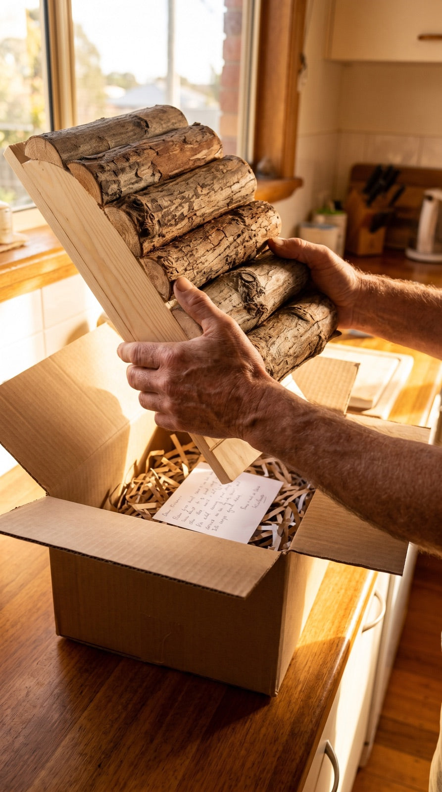Hands lifting the bat box out of its carton on a kitchen bench