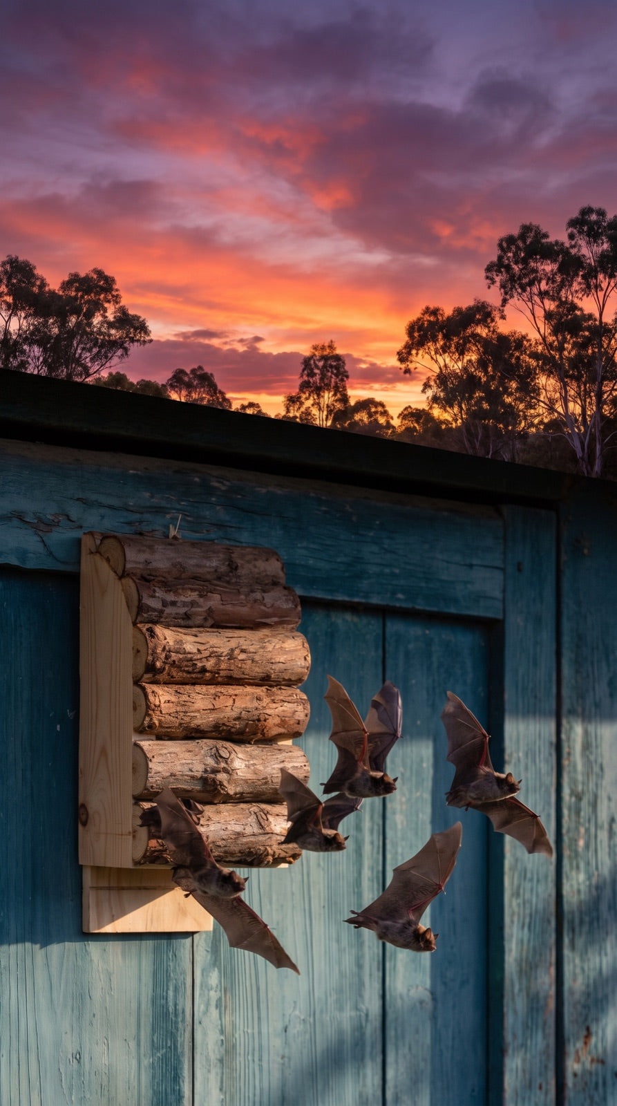 Microbats streaming out of the open bottom of the bat box at sunset