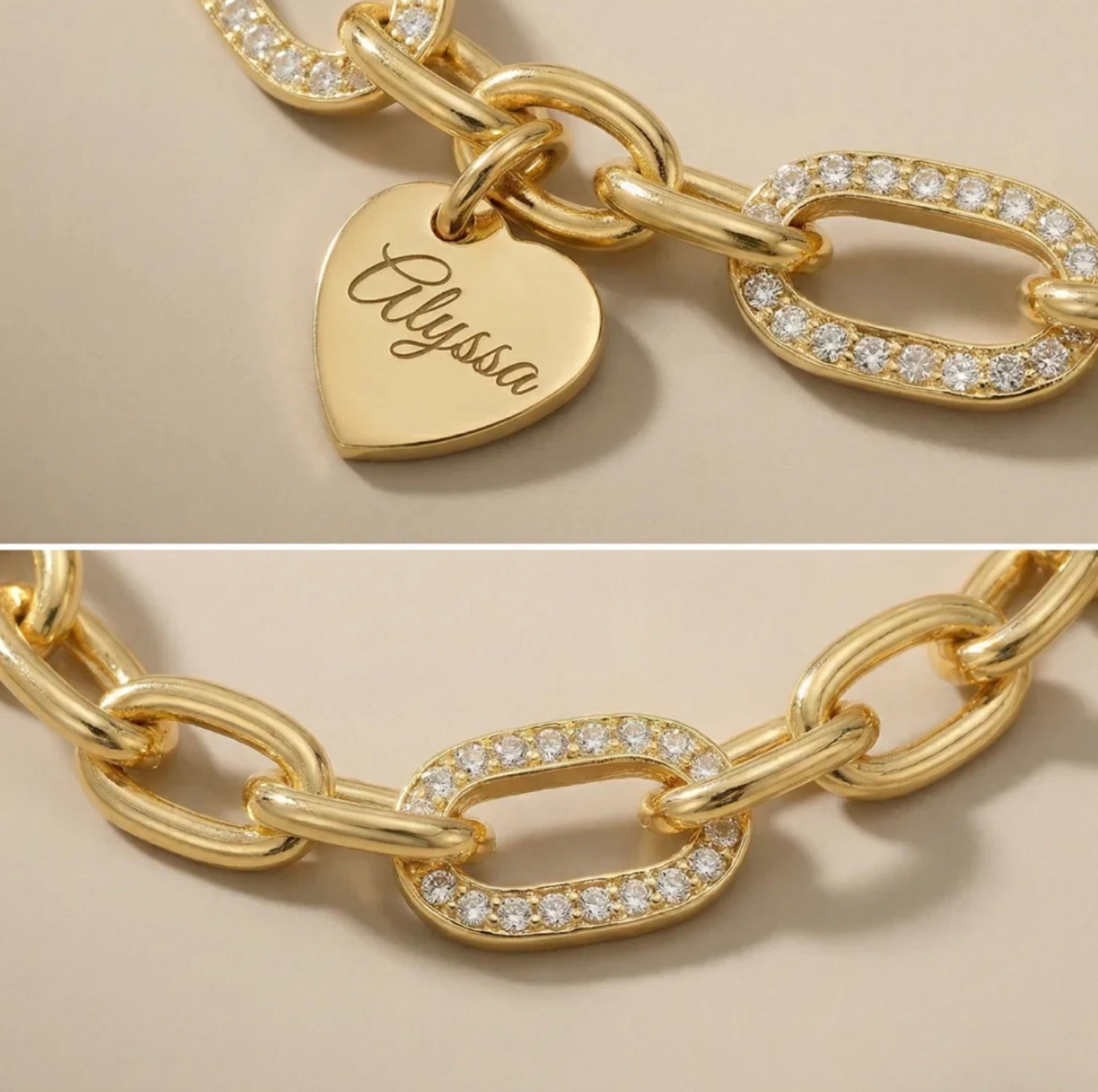 The Amara — engraved heart charm with name in script, close-up