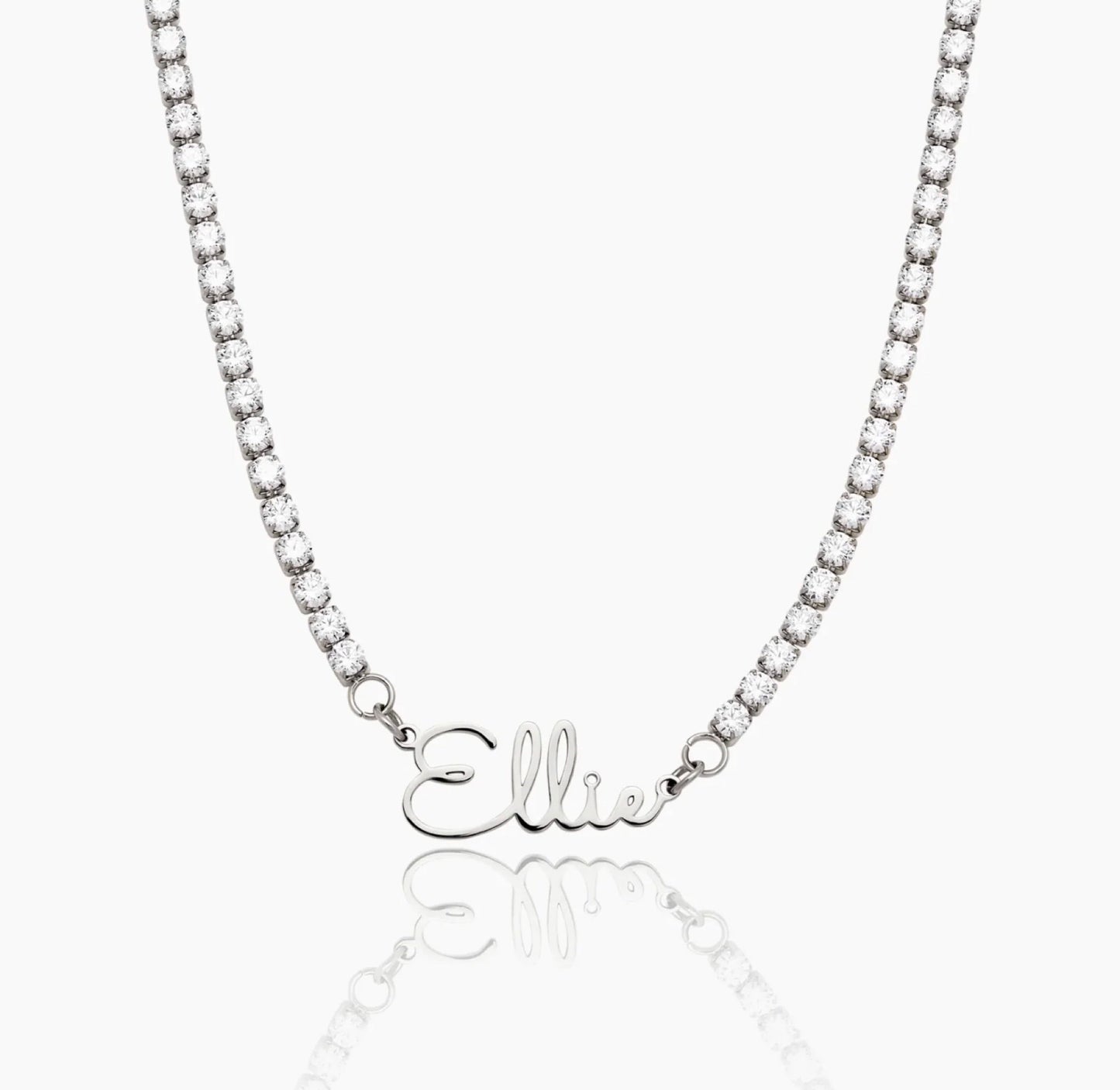 The Celeste pearl name necklace — on model