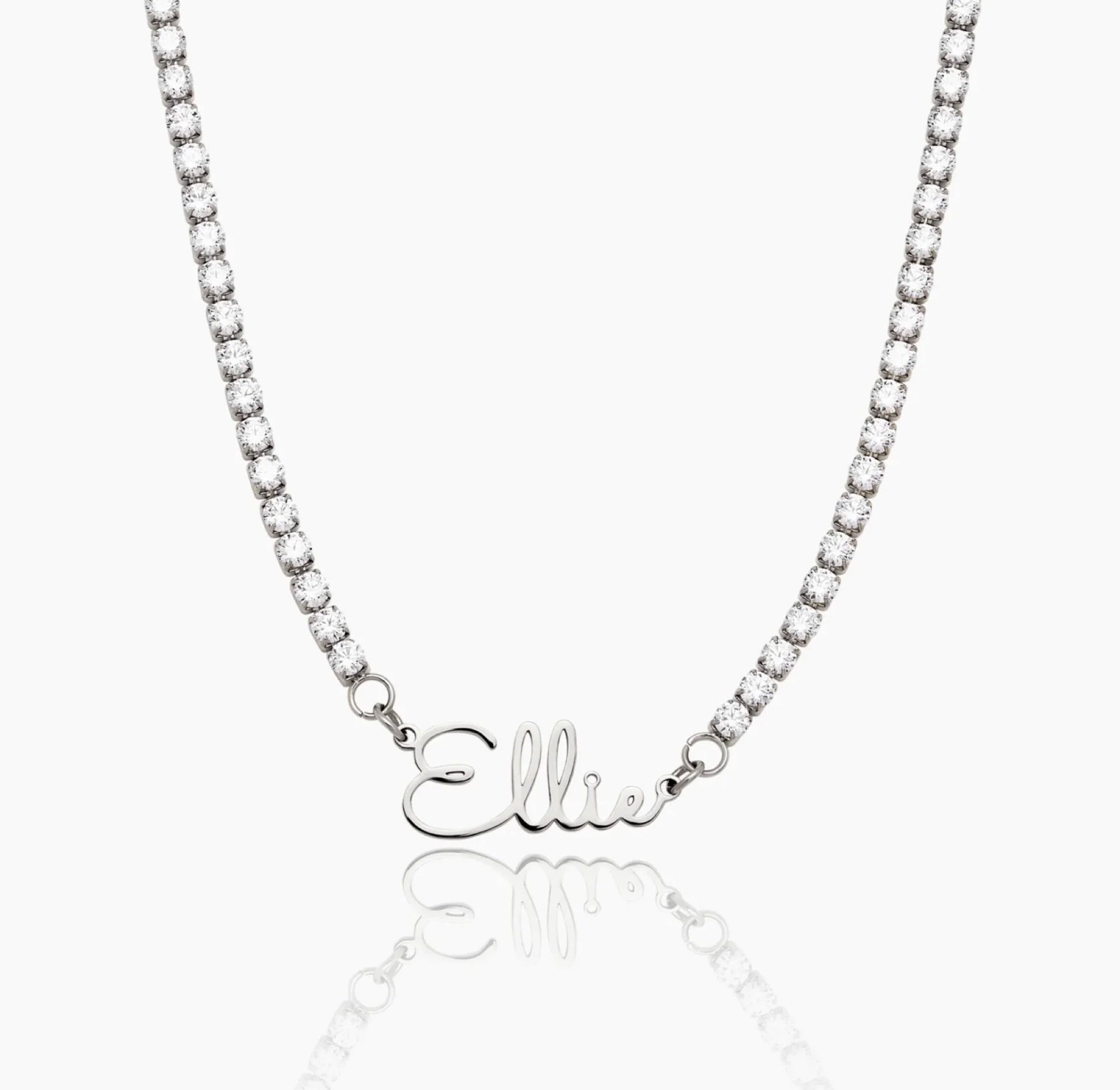 The Celeste pearl name necklace — on model