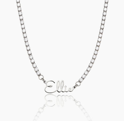 The Celeste pearl name necklace — on model