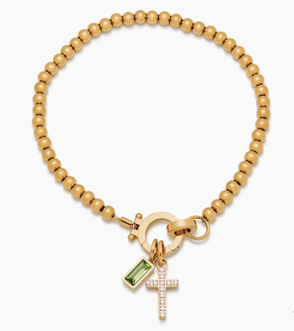The Faith birthstone cross bracelet — gold beads with pavé cross