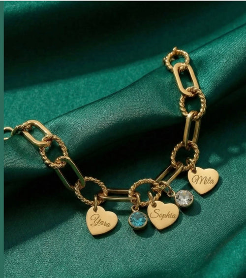 The Florence family charm bracelet — engraved heart charms in gold