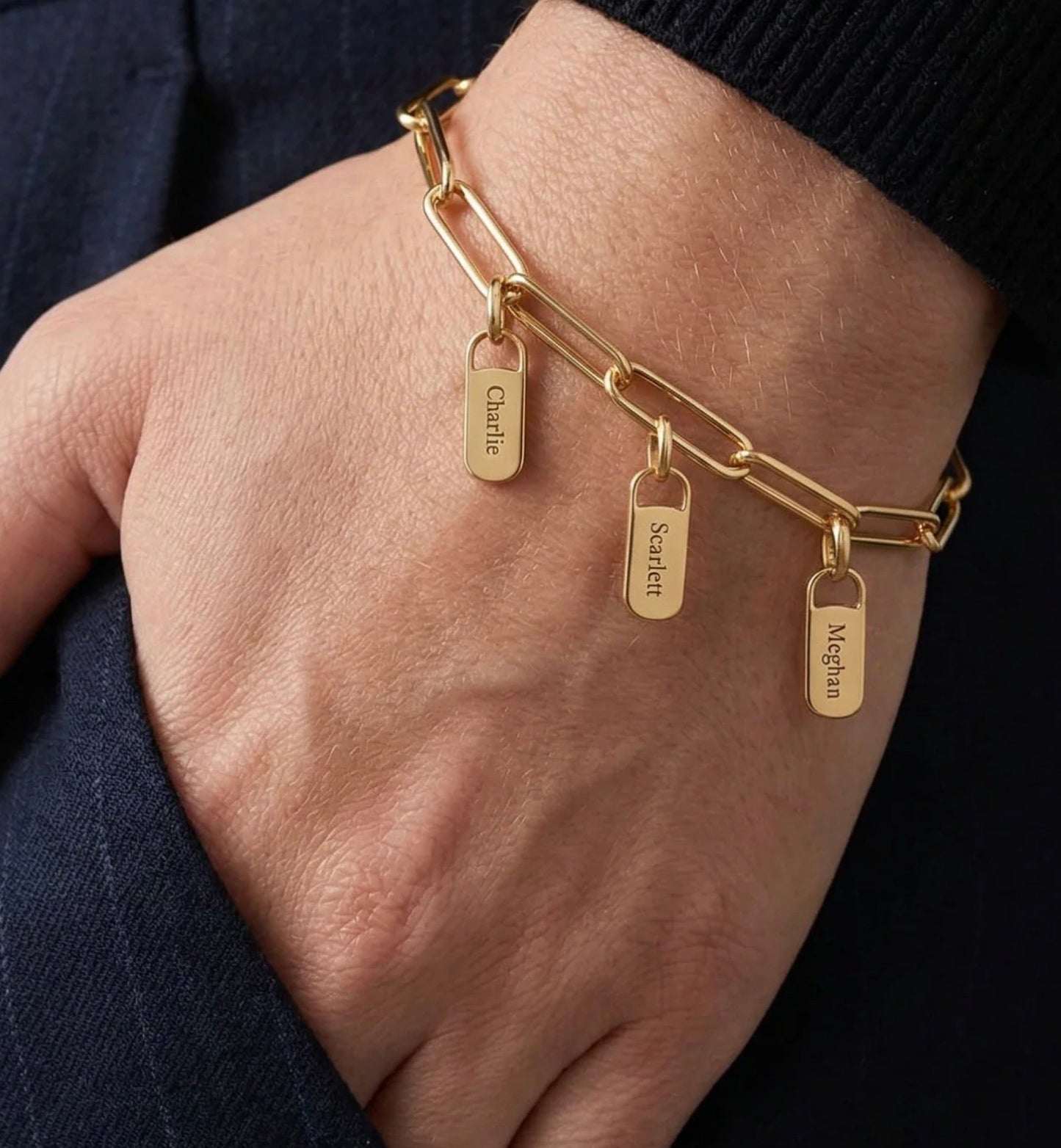 The Scarlett link chain bracelet with engraved name tags
