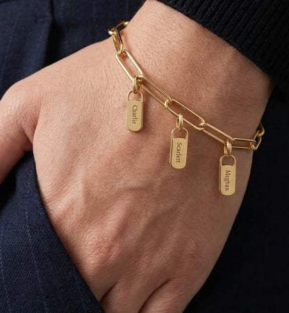 The Scarlett link chain bracelet with engraved name tags