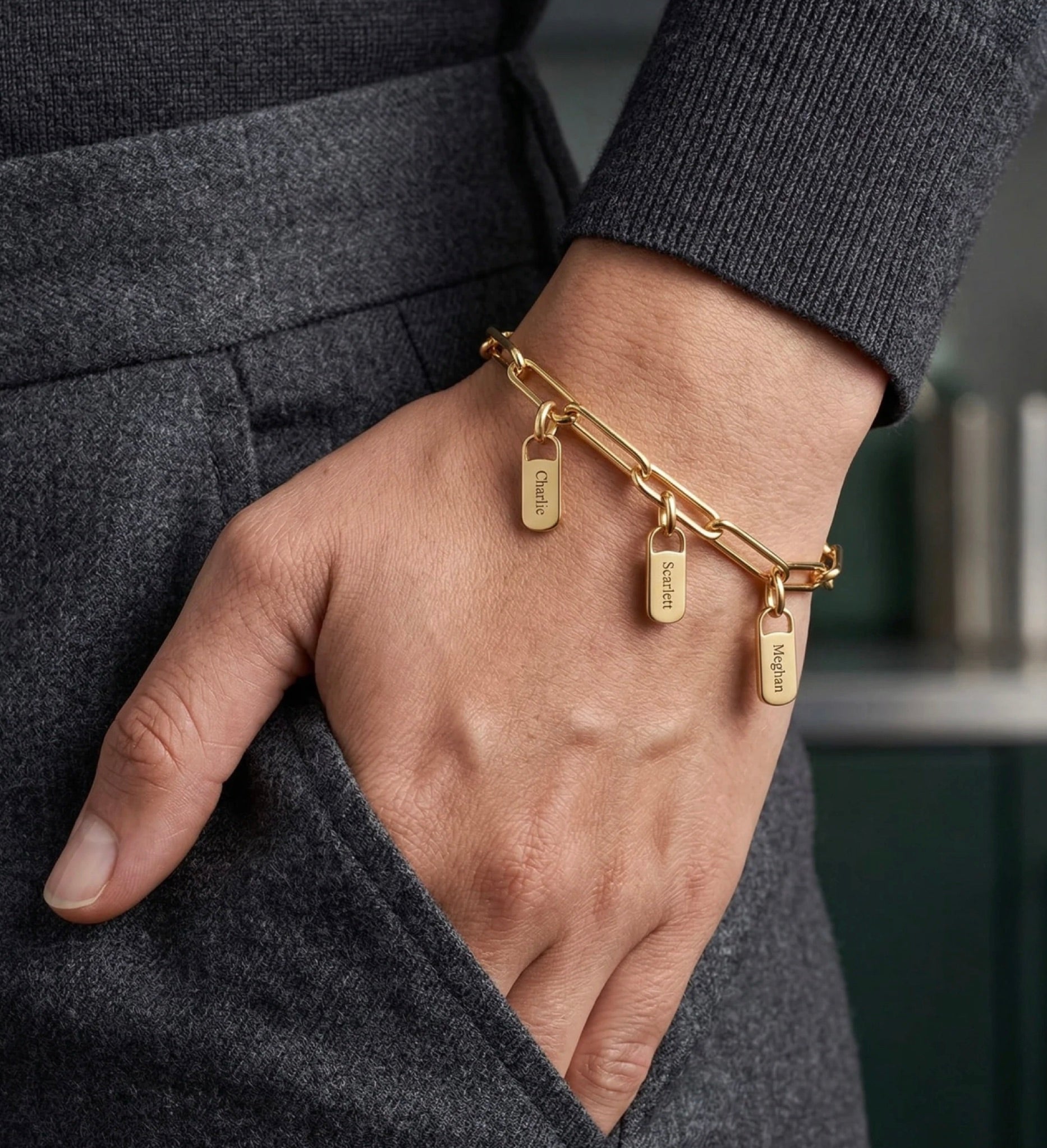 The Scarlett name bracelet worn on a wrist