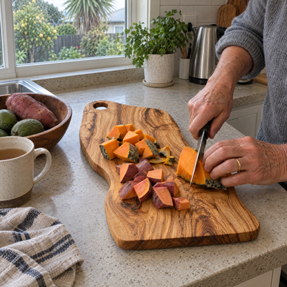 Pumpkin and kumara being cut on the olive wood chopping board in a New Zealand kitchen