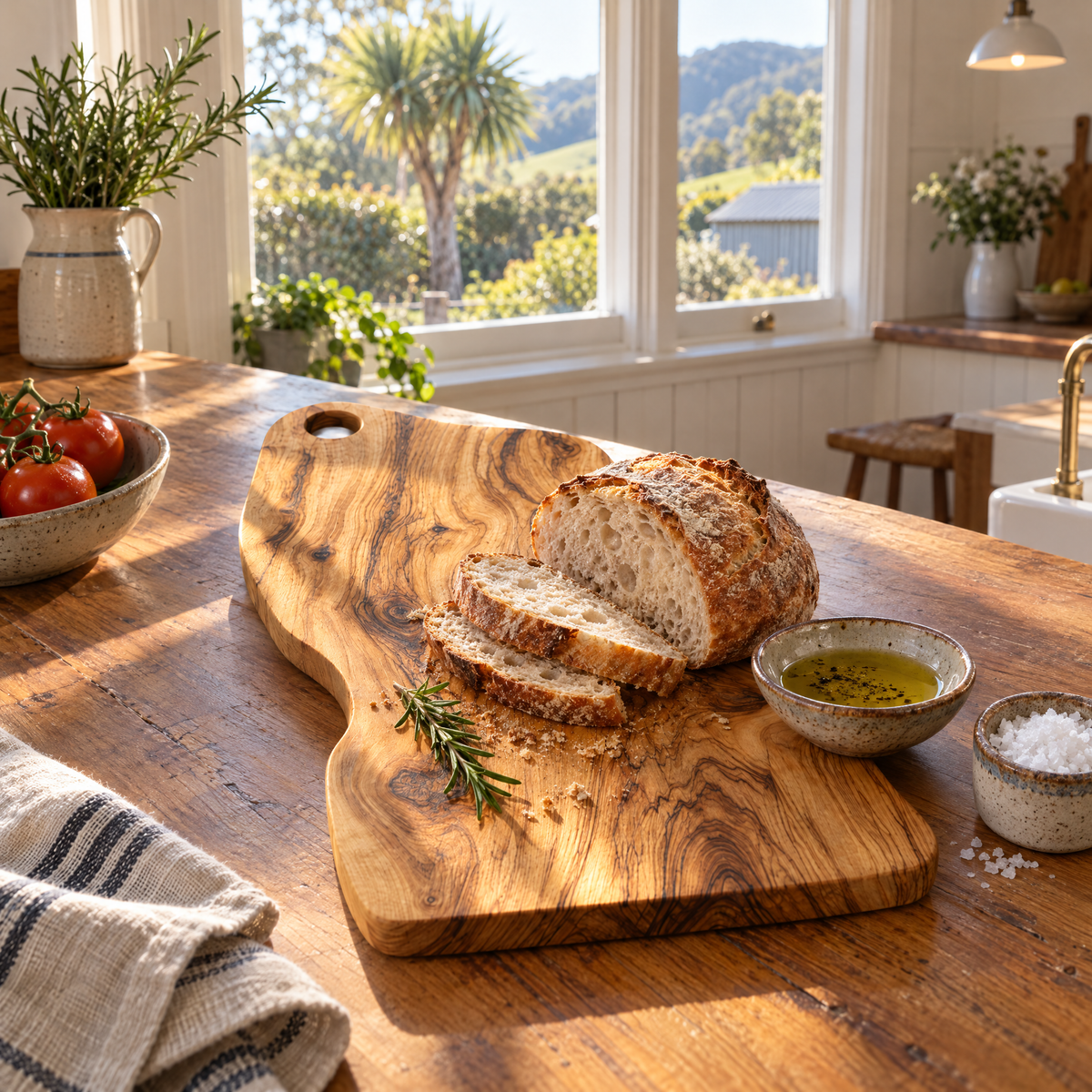 Olive wood chopping board with sourdough on a rimu bench in a New Zealand villa kitchen