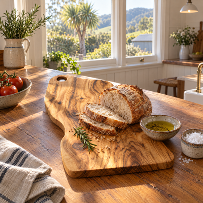 Olive wood chopping board with sourdough on a rimu bench in a New Zealand villa kitchen