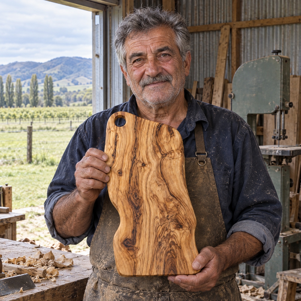 Sandro Ruocco in his shed outside Martinborough with a finished board