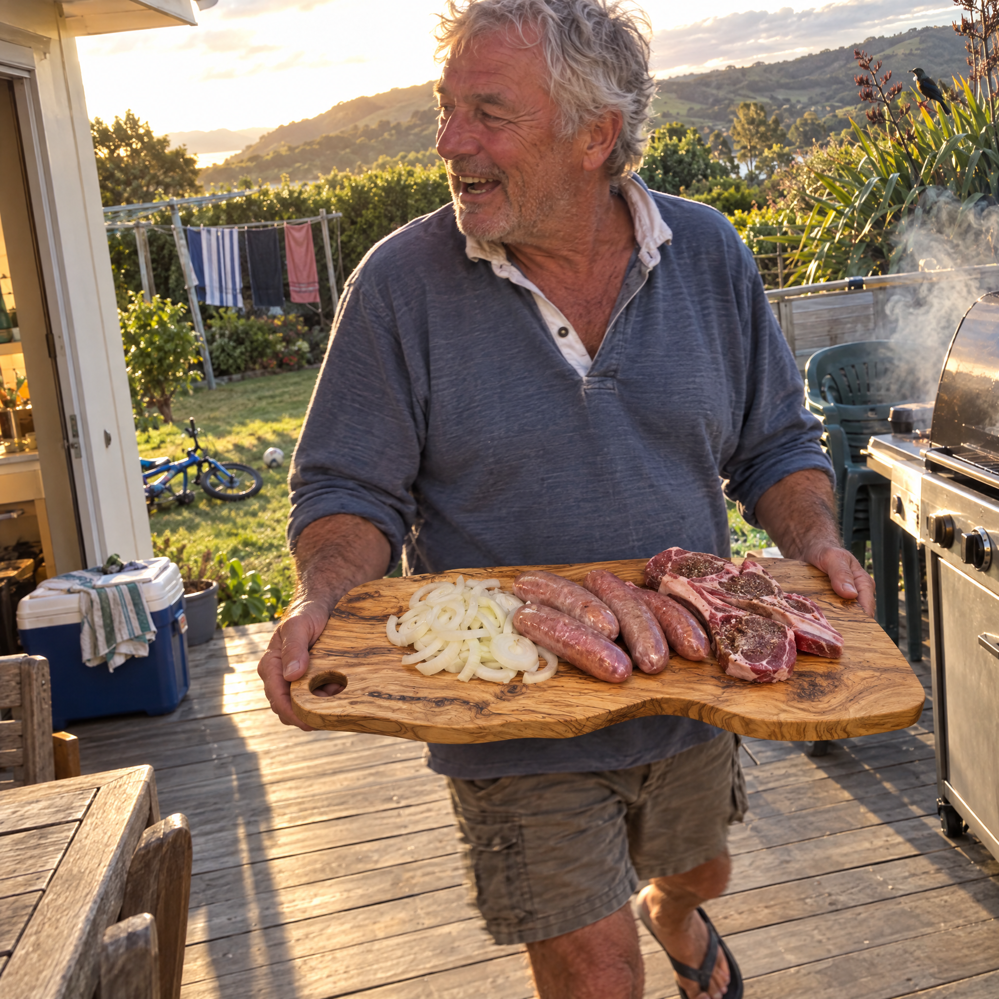 Customer carrying sausages and chops on the board to the barbecue