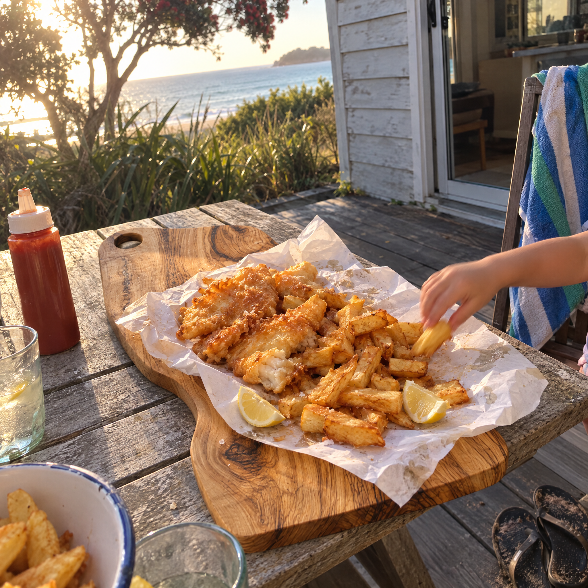 Fish and chips on the olive wood board at the bach