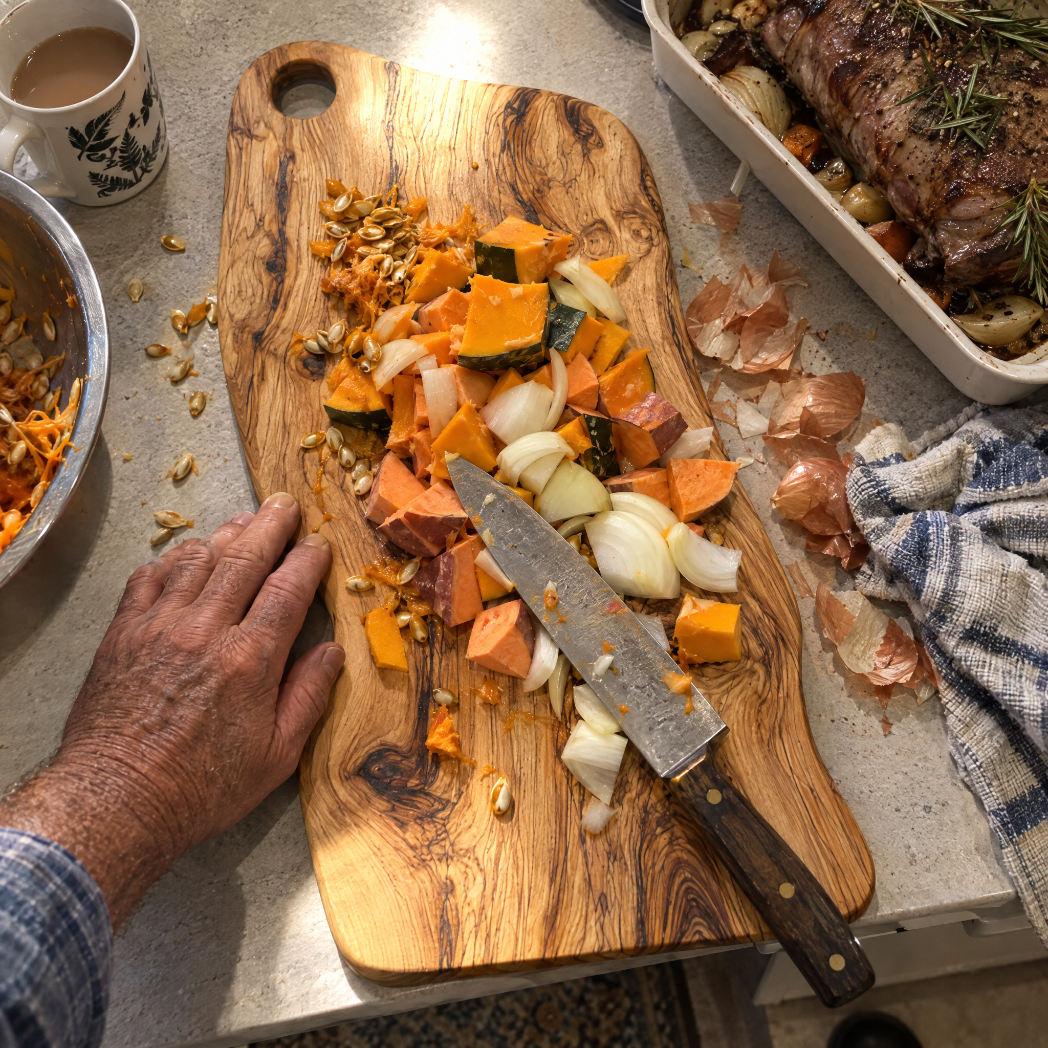 Vegetables for a Sunday roast chopped on the olive wood board