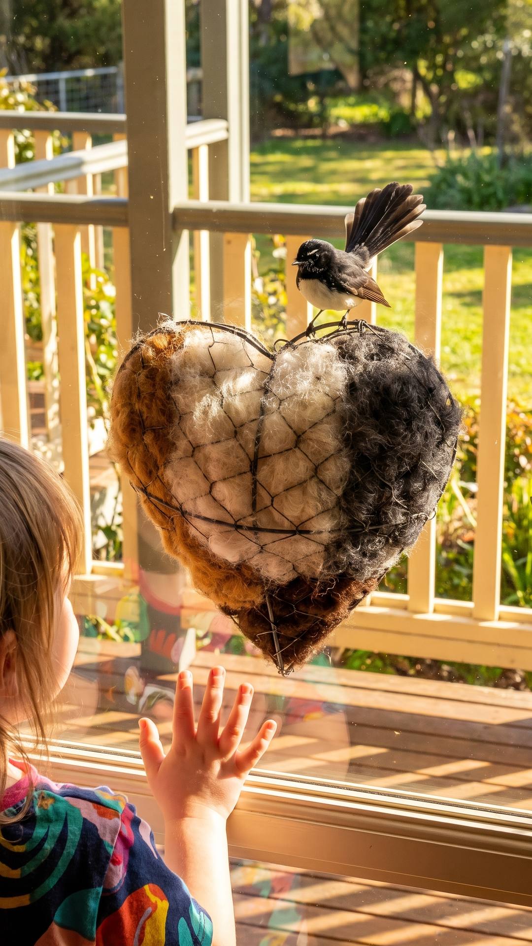Child watching the nesting heart through a window
