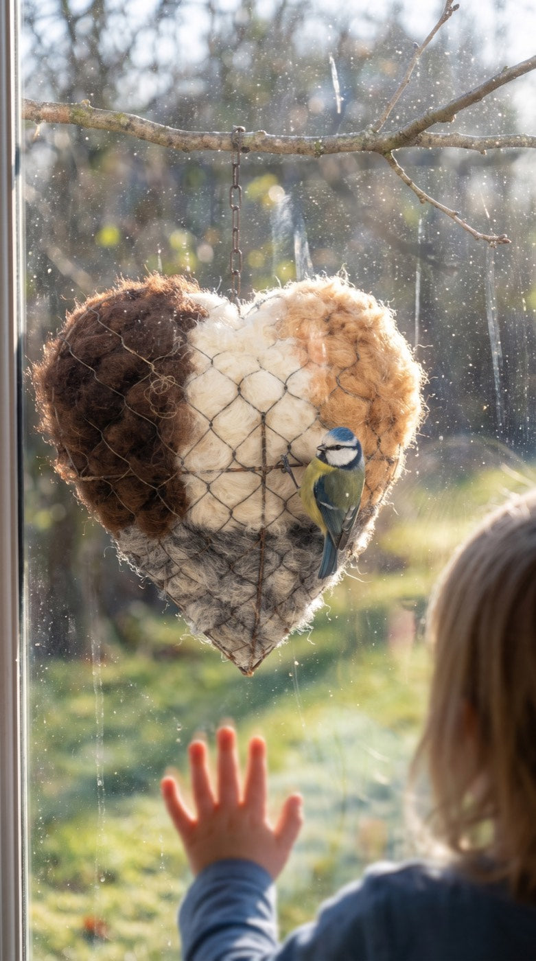 A child watching a blue tit on the nesting heart through the window