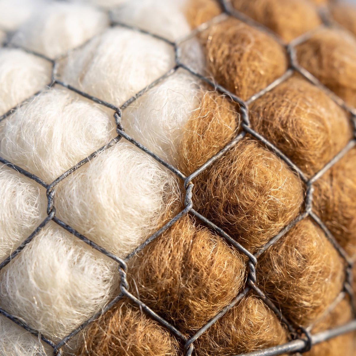Close-up of the wire mesh and raw undyed alpaca fleece