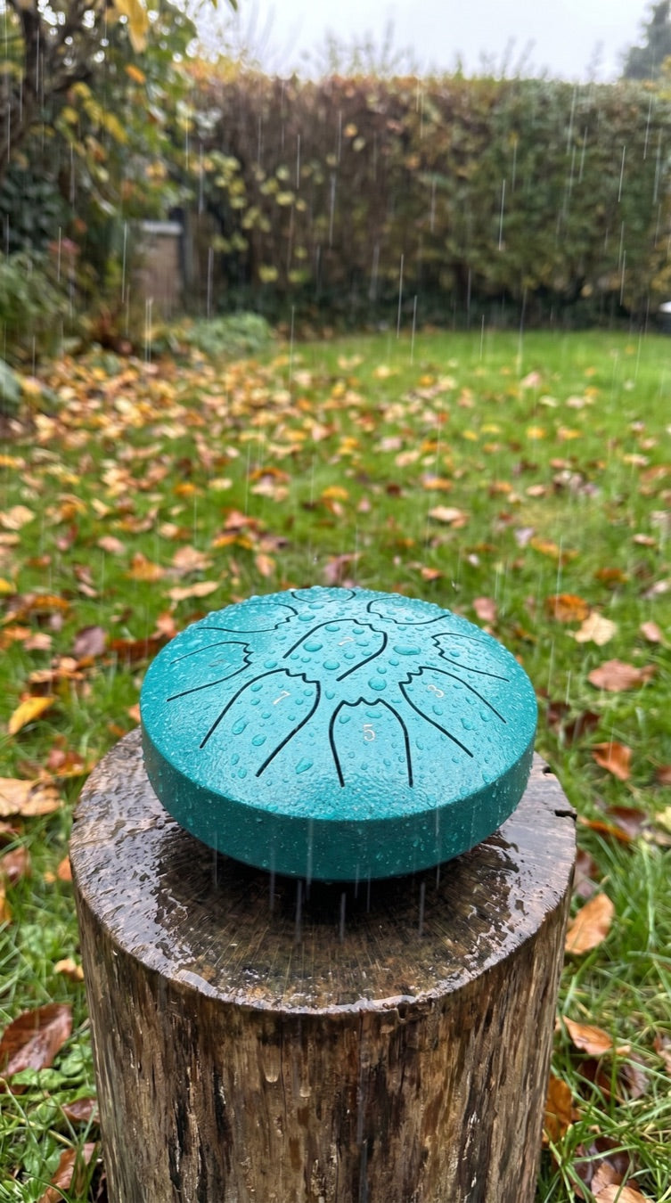 Rain drum on a garden tree stump in the rain