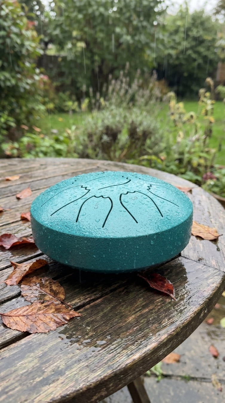 Rain drum on a garden table