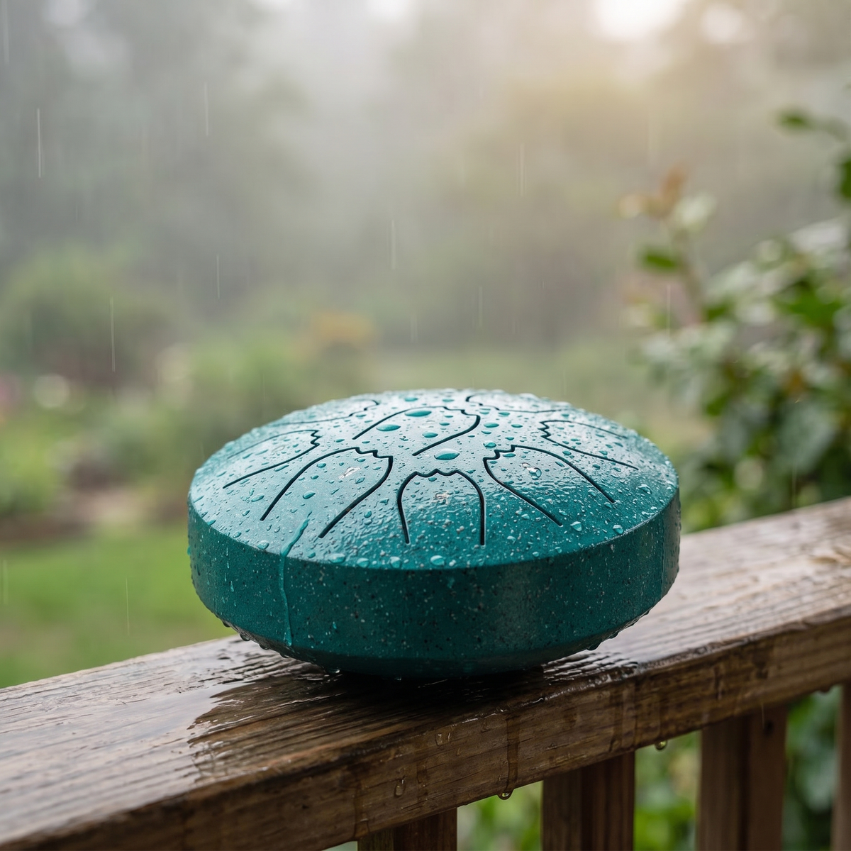Rain drum sitting on a wooden porch railing