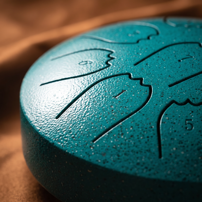 Side close-up of the hand-tuned rain drum, teal pearl finish